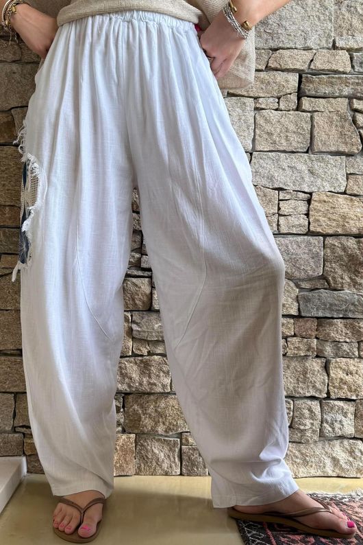 Lindin Linen Blend Crochet Flower Barrel Pant White